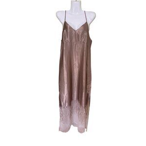 Satin Nightgown Slip Dress  Medium Elegant Brown & White Ombré Pattern Long Coqu